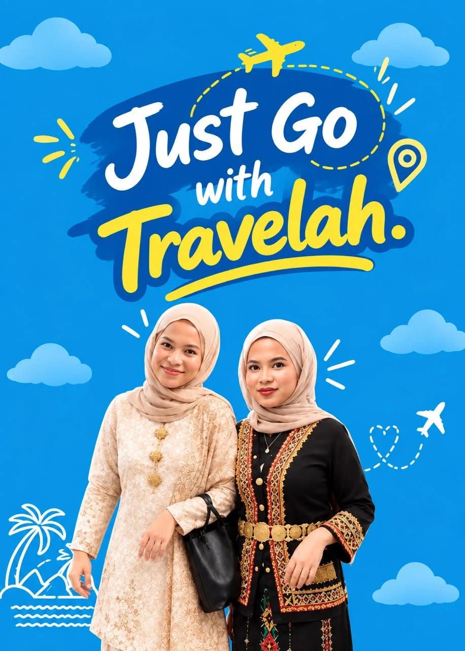 Two women in baju kurung and kebaya smiling beside the words Just Go with Travelah